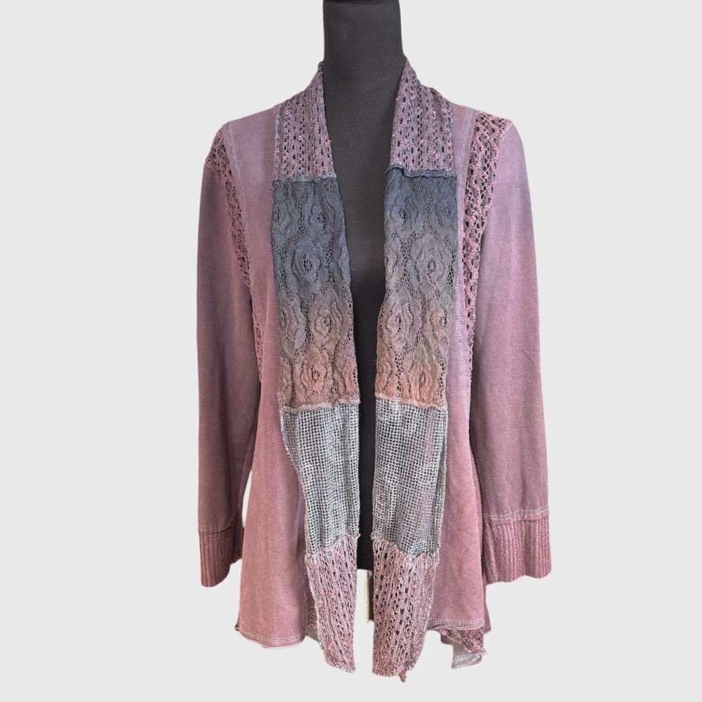 Fleur De Lis Mixed Media Knit Open Front Cardigan, Plum, Medium, Whimsigoth Boho